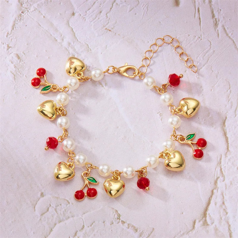 Sweet Cute Red Strawberry Cherry Heart Pearl Charm Bracelet New Fashion Y2K Fruit Gold Color Chain Jewelry Party Gifts 2025