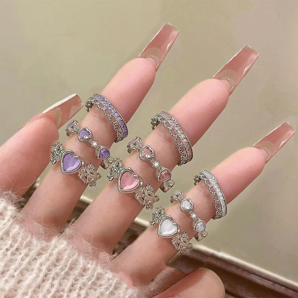 New Y2K Pink Crystal Irregular Heart Rings for Women Fashion Zircon Opening Finger Ring Sweet Girls Kpop Party Jewelry Gifts