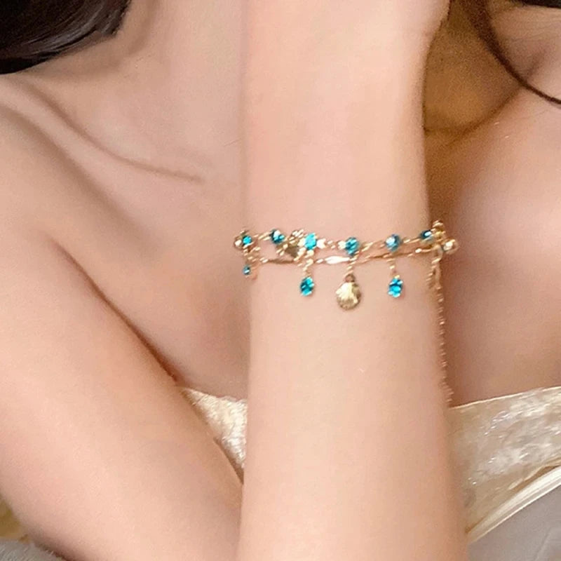 Boho Crystal Shell Pendant Necklace for Women Luxury Exquisite Double-Layer Butterfly Chain Jewelry Accessory Beach Party Gifts