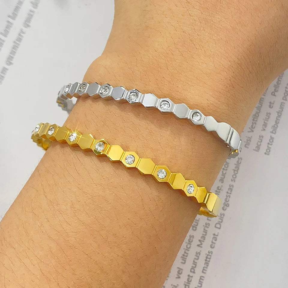 UILZ 316L Stainles Steel Open Hexagon Bracelet For Women High-quality Exquisite Zircon Inlay Simple Not Fading Bracelet Jewelry