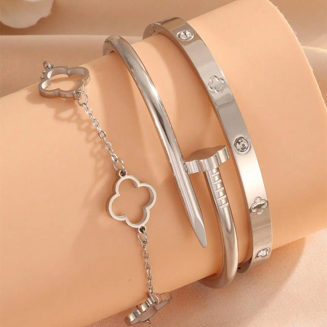 2PCS French Lucky Clover Bracelet Set For Women High Quality Stainless Steel INS Hot Selling Bracelet Charm Feeling Jewelry Gift