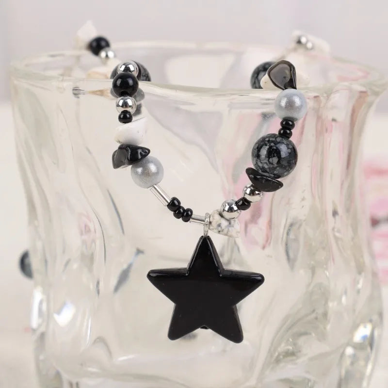 Y2K Black Star Pendant Necklace Women Sweet Cool Neck Jewelry Girls Personalized Lightweight Resin Pentagram Bead Necklace Gift