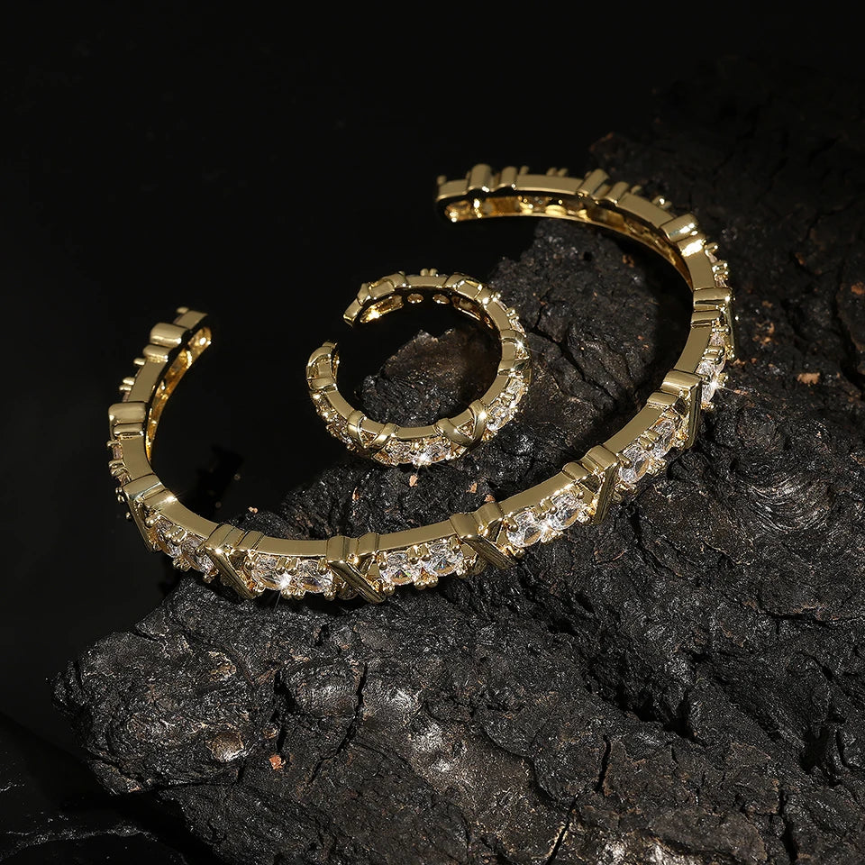 ZAKOL Fashion X Cross Zircon Bracelet Rings for Women Gorgeous Wedding Engagement Party Jewelry Set Factory Wholesale