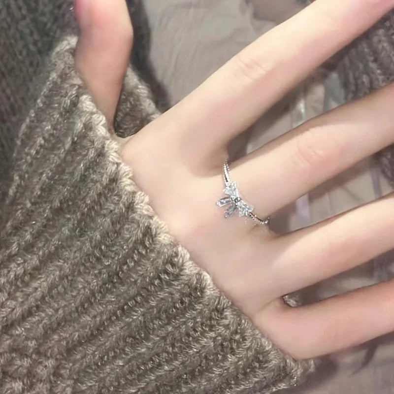 Y2K Sweet Bow Knot Zircon Ring Women Handmade Irregular Design Rings Girls Bow Openning Finger Ring Fashion Jewelry Friend Gifts