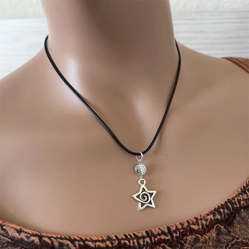Black cord necklace, star charm, swirl, lobster clasp, adjustable, 18 inch,celestial gift