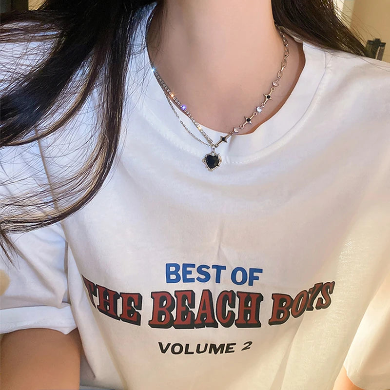 Y2k Heart Star Pendant Necklace Women's Fashion Cool Silver Color Chain Necklace Rhinestone Clavicle Chain Daily Jewlery Gifts