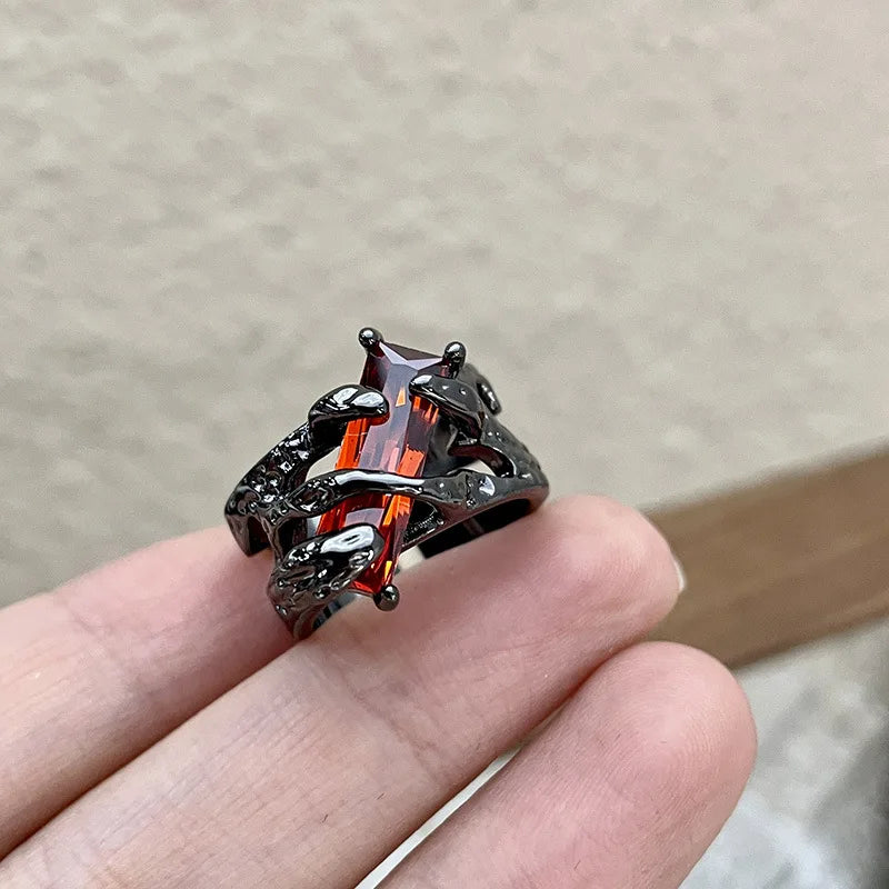 Dark Style European and American Red Jewelry Girls Light Luxury Niche Personality Retro Fashion Hollow Design Wedding Ring