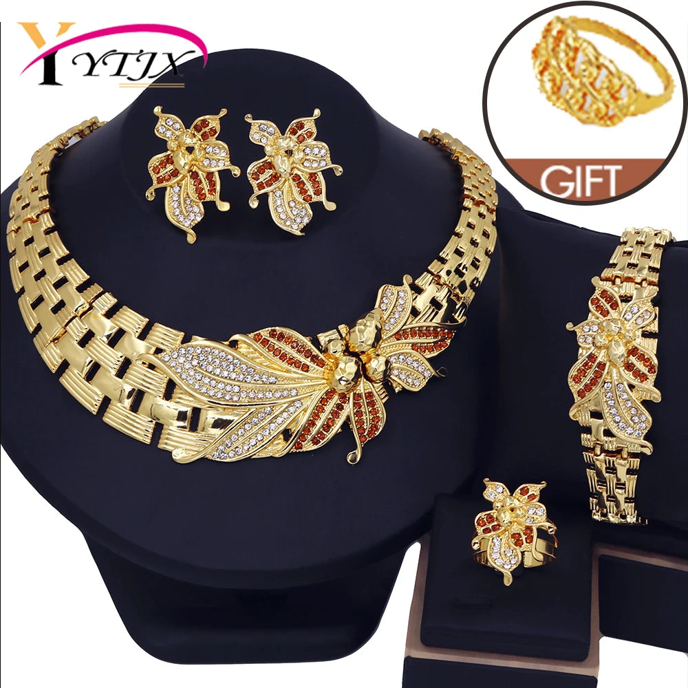 YTJX Wedding Jewelry Set Africal Big Flower Choker Necklace Fine Zircon Bracelet Piercing Earring Ring 18K Gold Plated Jewellery