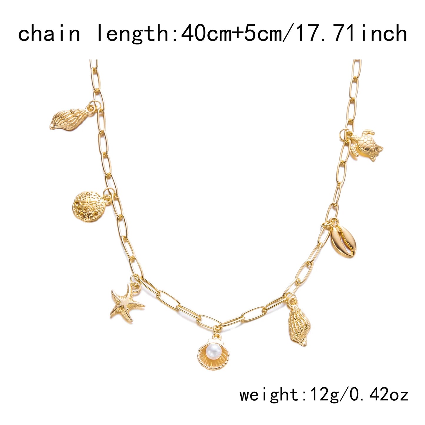 Bohemian Starfish Shell Conch Turtle Pendant Necklace for Women Imitation Pearl Charm Chain Necklace Beach Jewelry Vacation Gift