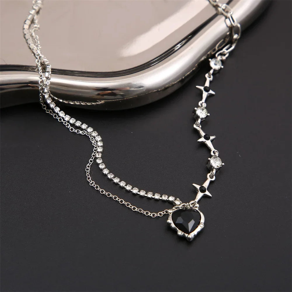Y2k Heart Star Pendant Necklace Women's Fashion Cool Silver Color Chain Necklace Rhinestone Clavicle Chain Daily Jewlery Gifts