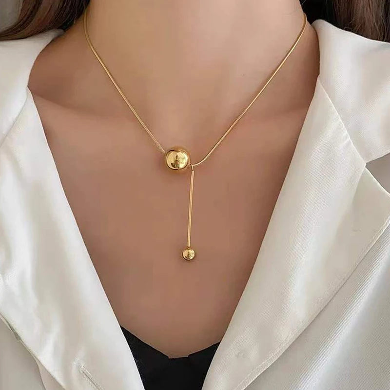 Yerik Fashion Simple Ball Pendant Necklace for Women Metal Beads Minimalist Personality Jewelry Snake Bone Chain Jewelry Gifts