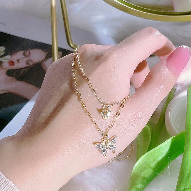 Fashion Shiny Butterfly Necklace Ladies Exquisite Double Layer Clavicle Chain Cool Neck Chain For Women Jewelry Gift
