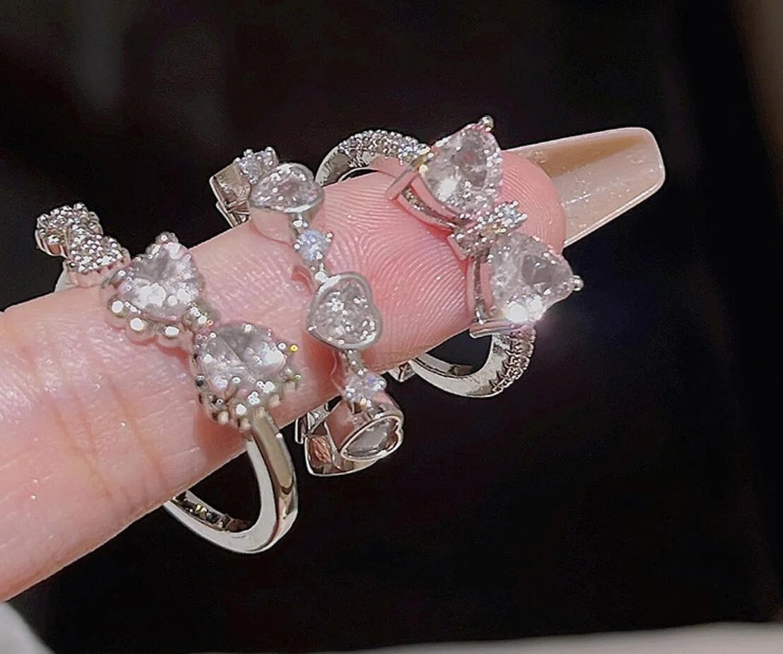 New Y2K Crystal Rings Kpop Heart Adjustable Ring Irregular Geometry Punk Vintage Rings Set for Women Girls 2024 Fashion Jewelry