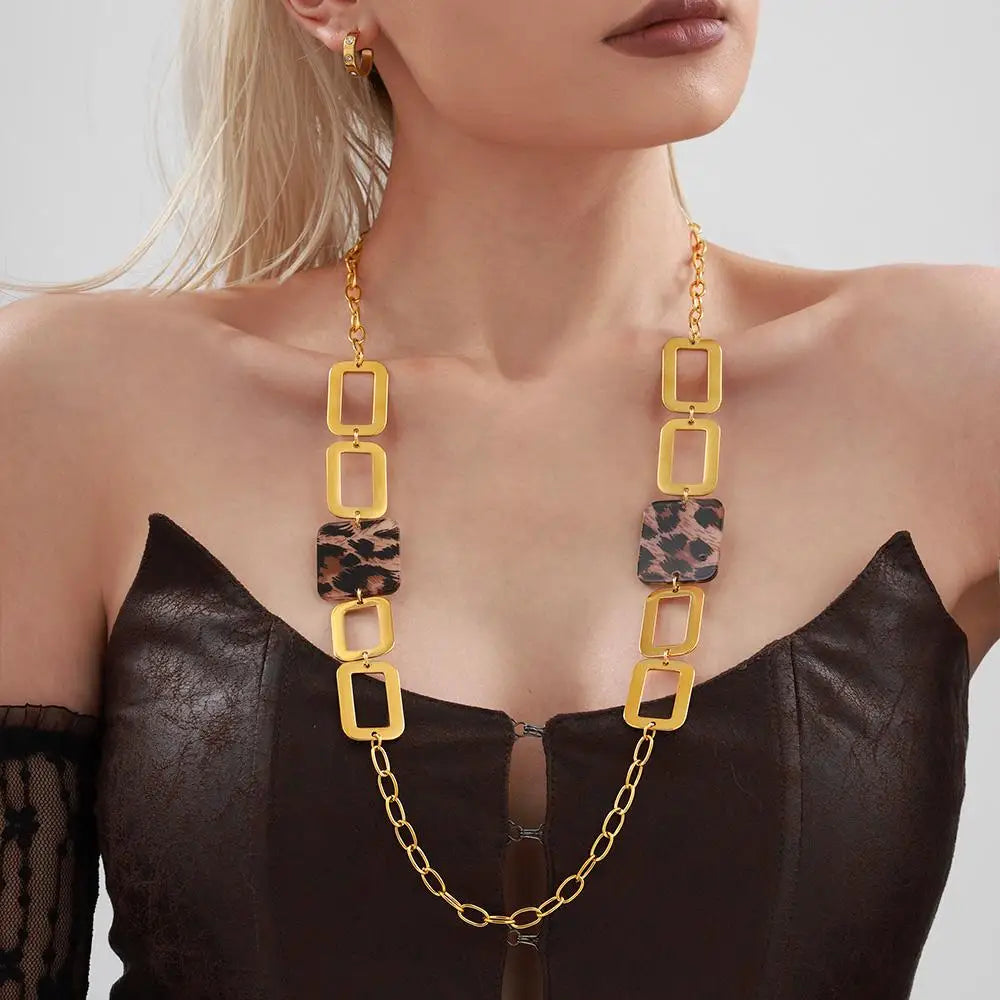 Necklace for Women Leopard Print Stainless Steel Acrylic Pendant Long Chain Sweater Link Gorgeous Charm Jewelry Gift