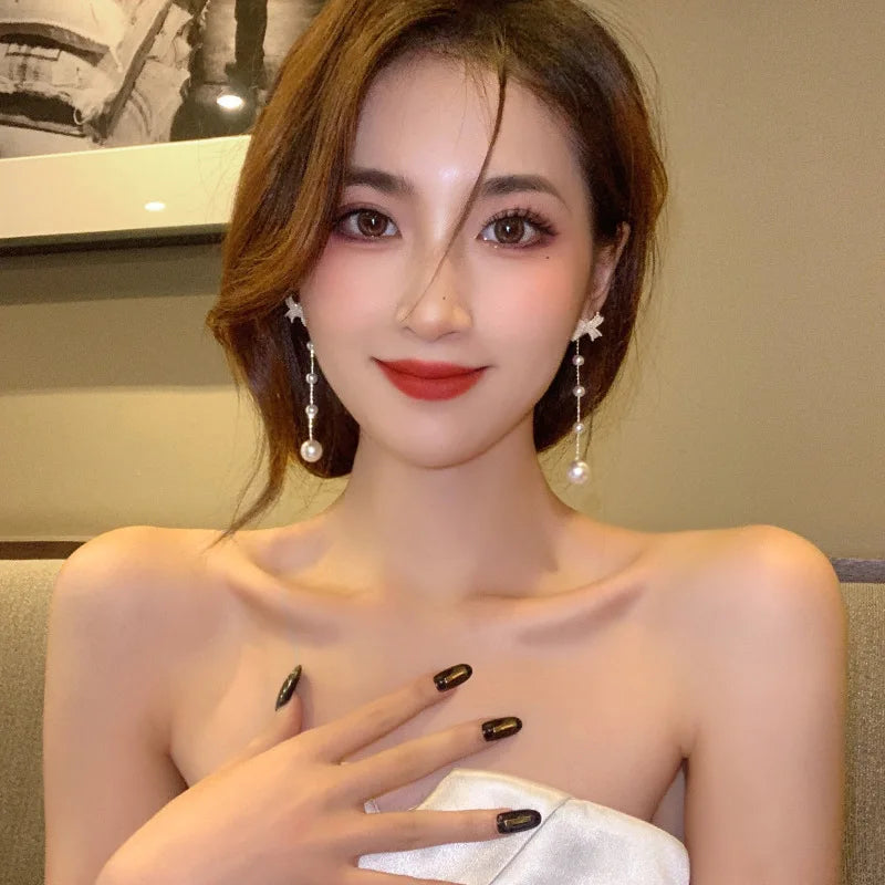 Delicate Sweet Flower Bow Pearl Drop Earrings for Women Elegant Bowknot Long Tassel Earrings Girls Party Wedding Jewelry Gift