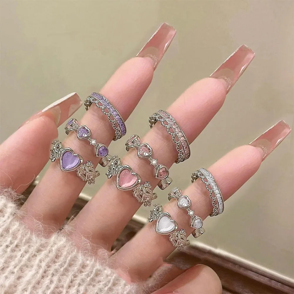 New Y2K Pink Crystal Irregular Heart Rings for Women Fashion Zircon Opening Finger Ring Sweet Girls Kpop Party Jewelry Gifts