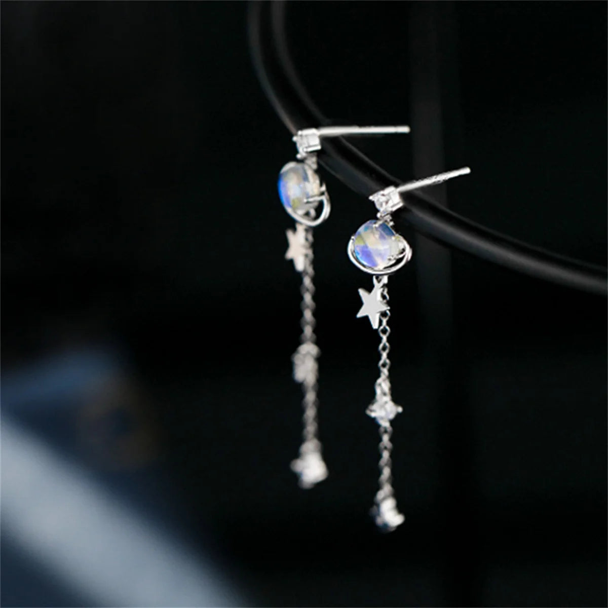 Korean Exquisite Planet Moon Butterfly Tassel Earrings for Women Sparkling Crystal Asymmetrical Drop Earrings Girl Party Jewelry