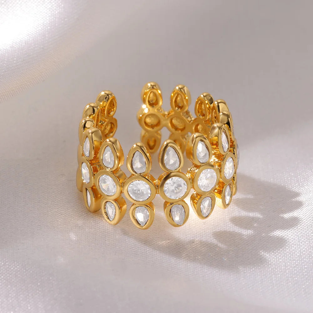 Zircon Cristal Geometric Rings For Women Stainless Steel Gold Color Adjustable Finger Ring Trendy Wedding Luxury Jewerly Gift