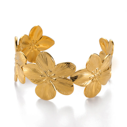 Teamer Fashion Big Flowers Cuff Bracelet for Women Stainless Steel Gold Color Bangle Bohemian Jewelry Wedding Gift