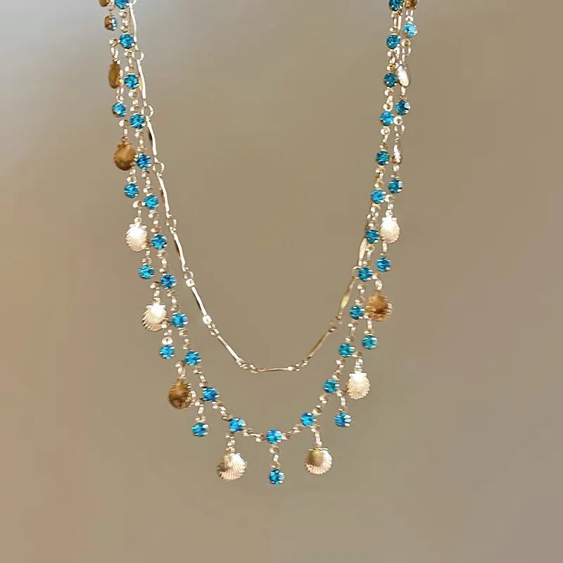 Elegant Gold Color Chain Shell Blue Tear Jewelry Set Crystal Choker Necklace Bracelet For Women Wedding Jewelry Birthday Gift