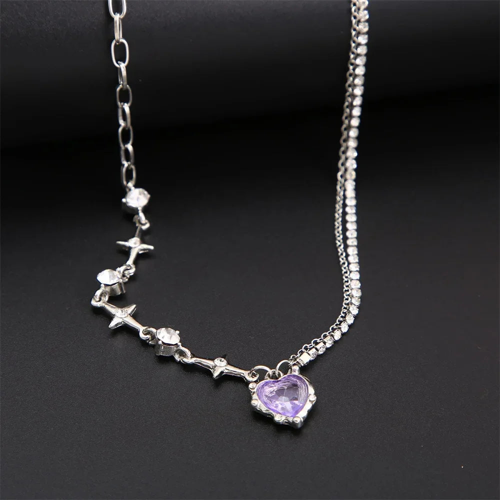 Y2k Heart Star Pendant Necklace Women's Fashion Cool Silver Color Chain Necklace Rhinestone Clavicle Chain Daily Jewlery Gifts