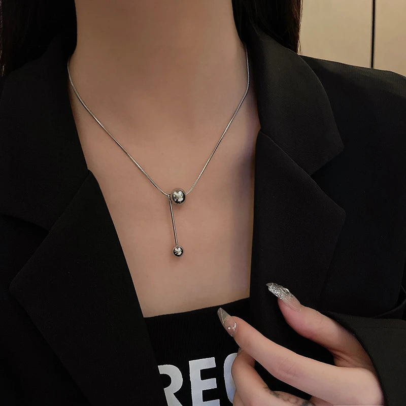 Yerik Fashion Simple Ball Pendant Necklace for Women Metal Beads Minimalist Personality Jewelry Snake Bone Chain Jewelry Gifts