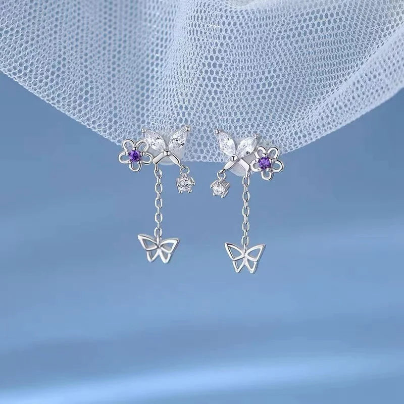 Exquisite Leaves Crystal Flower Stud Earrings For Women AAA Zircon Rose Butterfly Tassel Earring Bride Wedding Party Jewelry
