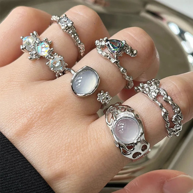 Trendy Y2K Crystal Heart Rings for Women Girls Irregular Adjustable Ring Punk Vintage Rings Set Fashion Party Jewelry Gifts