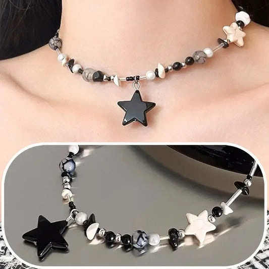 Y2K Black Star Pendant Necklace Women Sweet Cool Neck Jewelry Girls Personalized Lightweight Resin Pentagram Bead Necklace Gift
