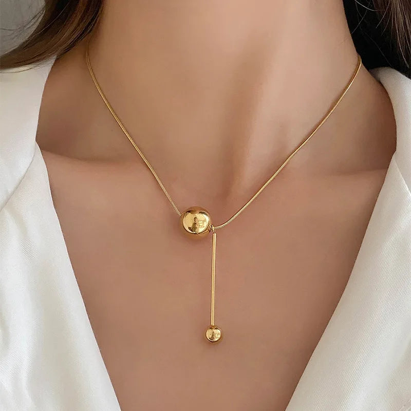 Classic Design Double Golden Round Bead Pendant Necklace Women's Fashion Titanium Steel Bead Choker Luxury Party Jewelry Gift