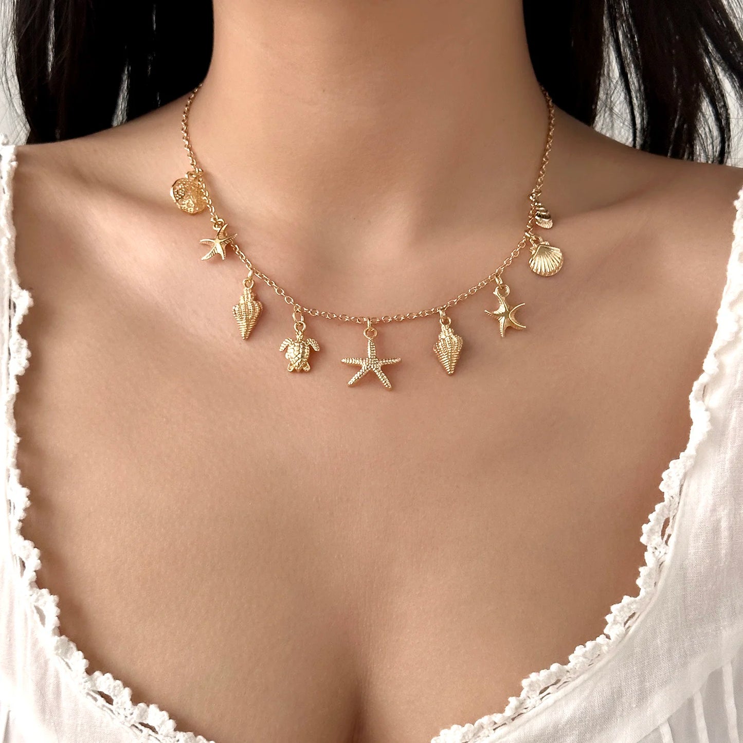 Bohemian Starfish Shell Conch Turtle Pendant Necklace for Women Imitation Pearl Charm Chain Necklace Beach Jewelry Vacation Gift