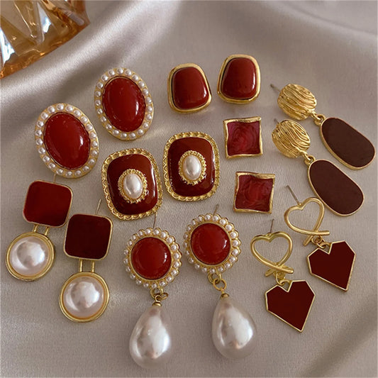 Vintage Trendy Red Enamel Geometric Round Heart Stud Earrings For Women Light Luxury Imitation Pearl Square Oval Earring Jewelry
