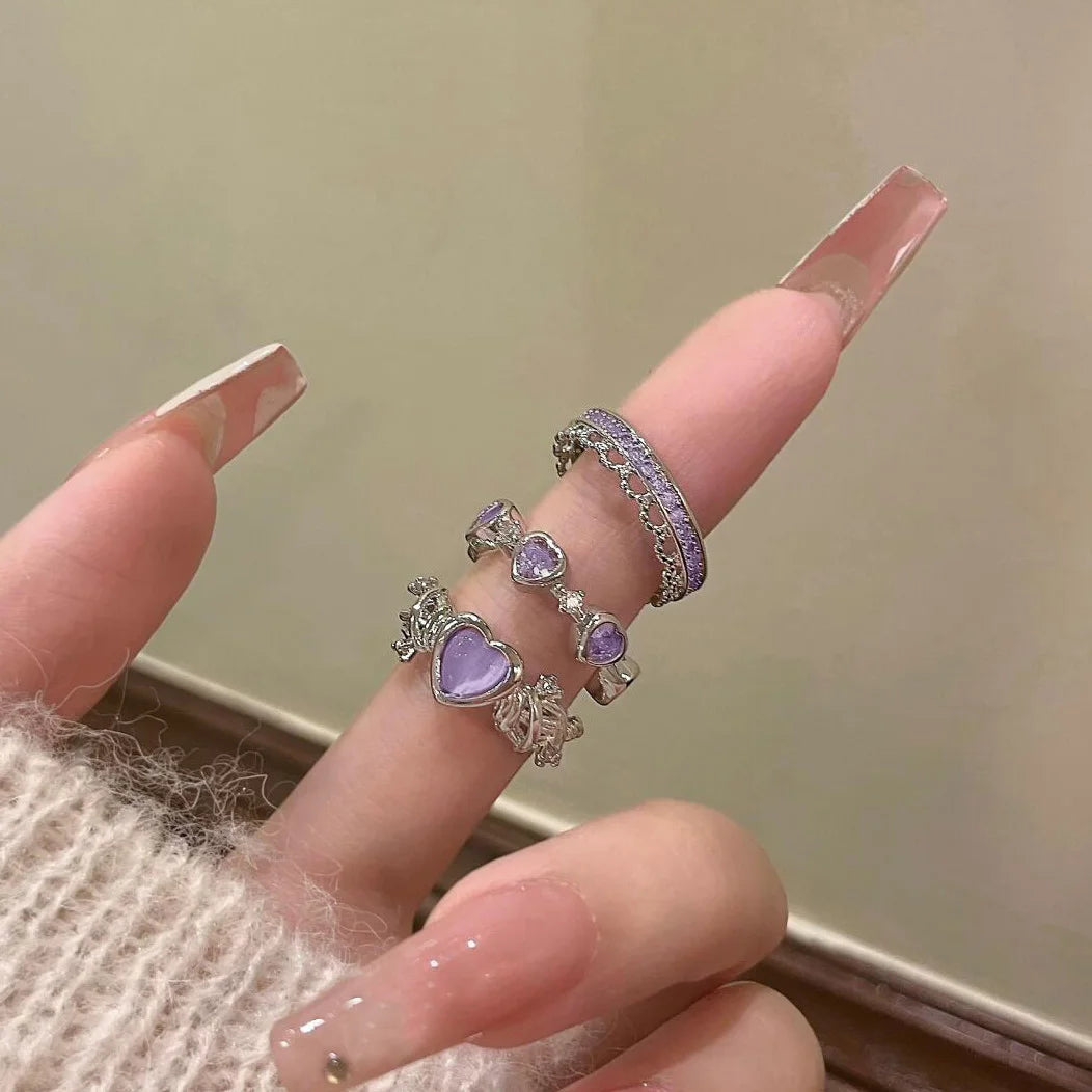New Y2K Crystal Rings Kpop Heart Adjustable Ring Irregular Geometry Punk Vintage Rings Set for Women Girls 2024 Fashion Jewelry