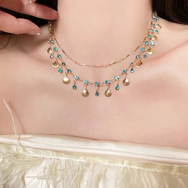 Boho Crystal Shell Pendant Necklace for Women Luxury Exquisite Double-Layer Butterfly Chain Jewelry Accessory Beach Party Gifts