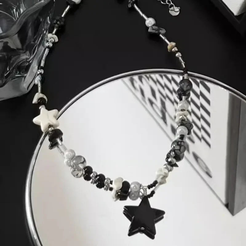 Y2K Black Star Pendant Necklace Women Sweet Cool Neck Jewelry Girls Personalized Lightweight Resin Pentagram Bead Necklace Gift
