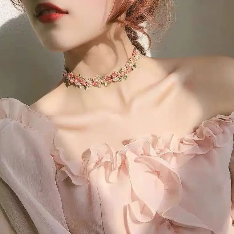 Necklace For Women Cute Simple Girls Animal Cat Sweet Heart Butterfly Pearl Embroidery Flowers Fashion