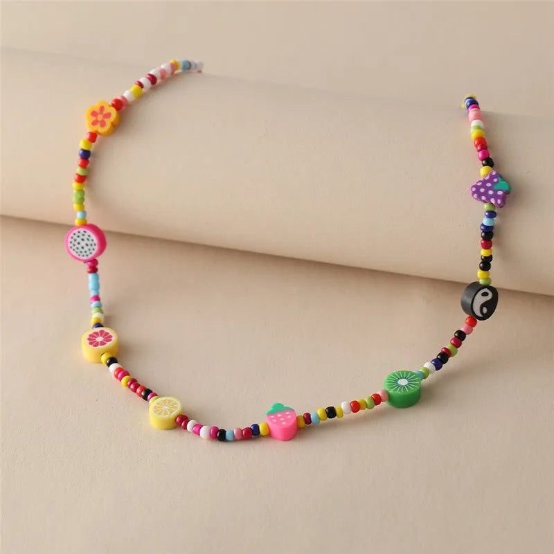 Y2K Flowers Charms Pearl Choker Necklace For Women Boho Colorful Beaded Clavicle Chain Short Necklaces Jewelry Gift 2024