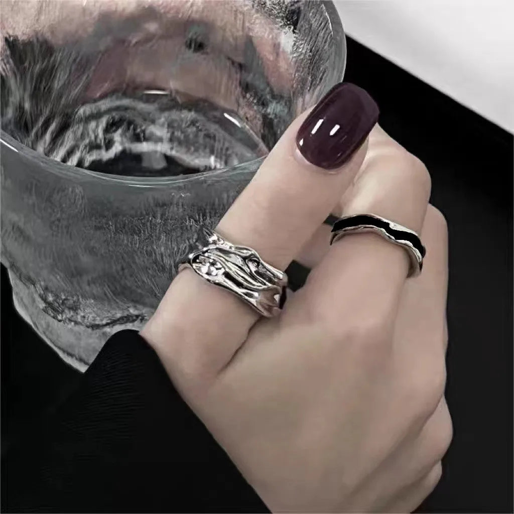Y2K Black Drip Oil Adjustable Ring Men Irregular Geometry Punk Vintage Rings Set for Women Girls Fashion Jewelry Gifts
