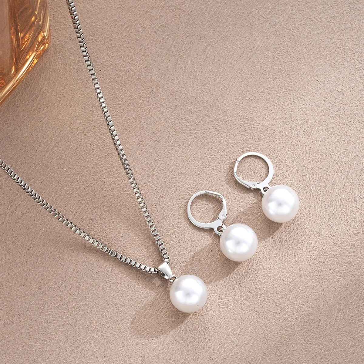 3 Pcs Round Pearl Jewelry Set Of Earring Pendant Necklace For Women Exquisite Fashion Rhinestone Double Wedding Jewelry Set Gift