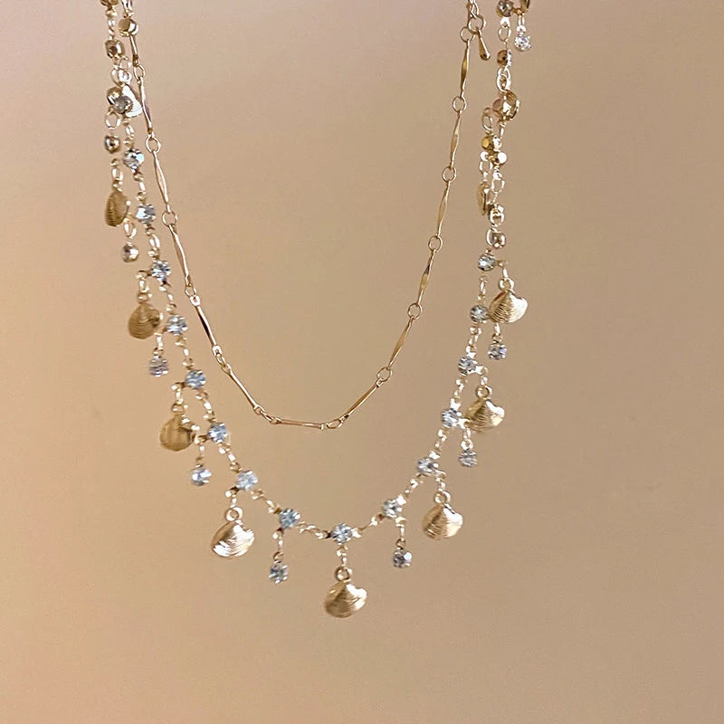 Boho Crystal Shell Pendant Necklace for Women Luxury Exquisite Double-Layer Butterfly Chain Jewelry Accessory Beach Party Gifts