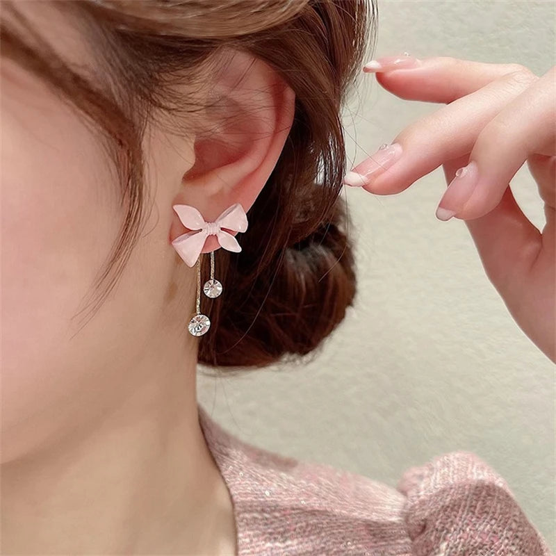 Delicate Sweet Flower Bow Pearl Drop Earrings for Women Elegant Bowknot Long Tassel Earrings Girls Party Wedding Jewelry Gift