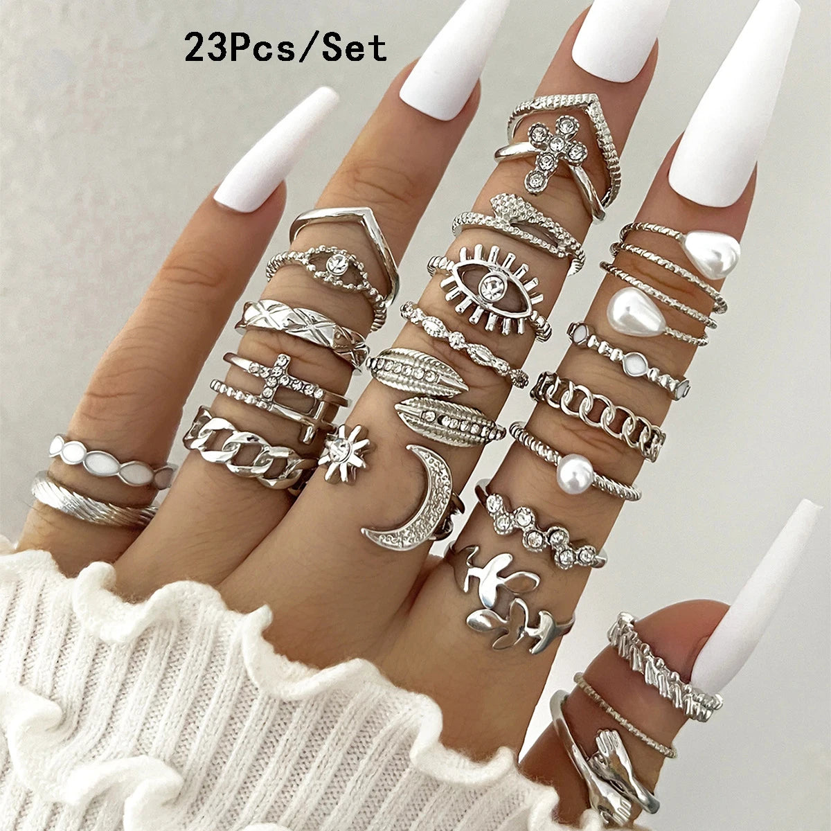 23Pcs Fashion Knuckle Rings Set For Women Crystal Star Moon Eye Wave Gold Silver Color Rings Female Trendy Party Jewelry Gift