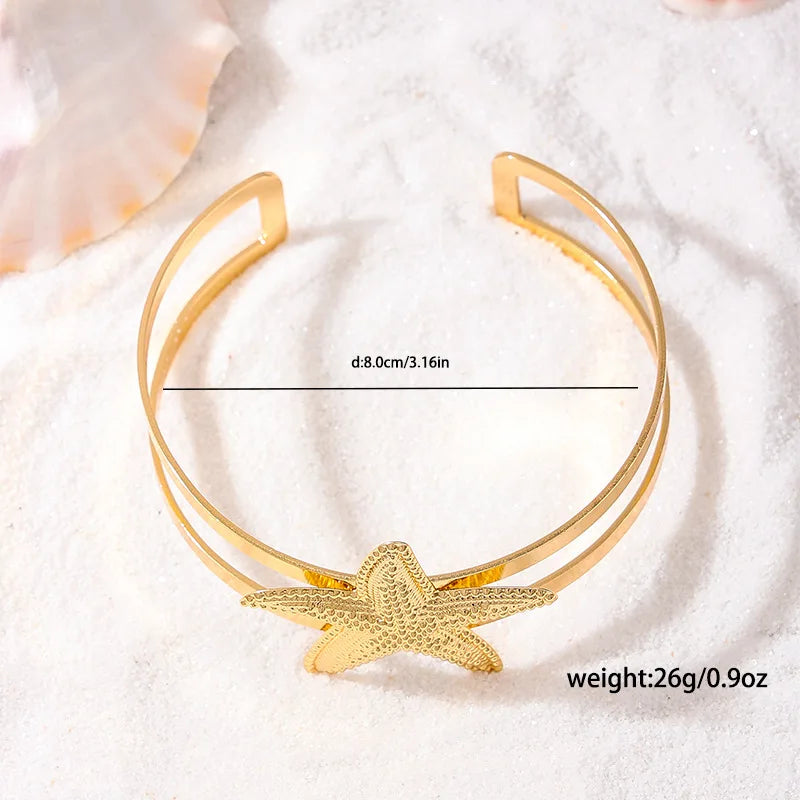 Bohemian Metal Starfish Open Arm Bracelet for Women String Leaf Wave Flower Ins Style Cuff Arm Bangle Beach Party Jewelry Gift