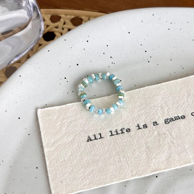 New Colorful Beaded Ring for Women Girls Sweet Personality Irregular Multi Beaded Rice Beads Geometry Metal Rings Jewelry Gifts