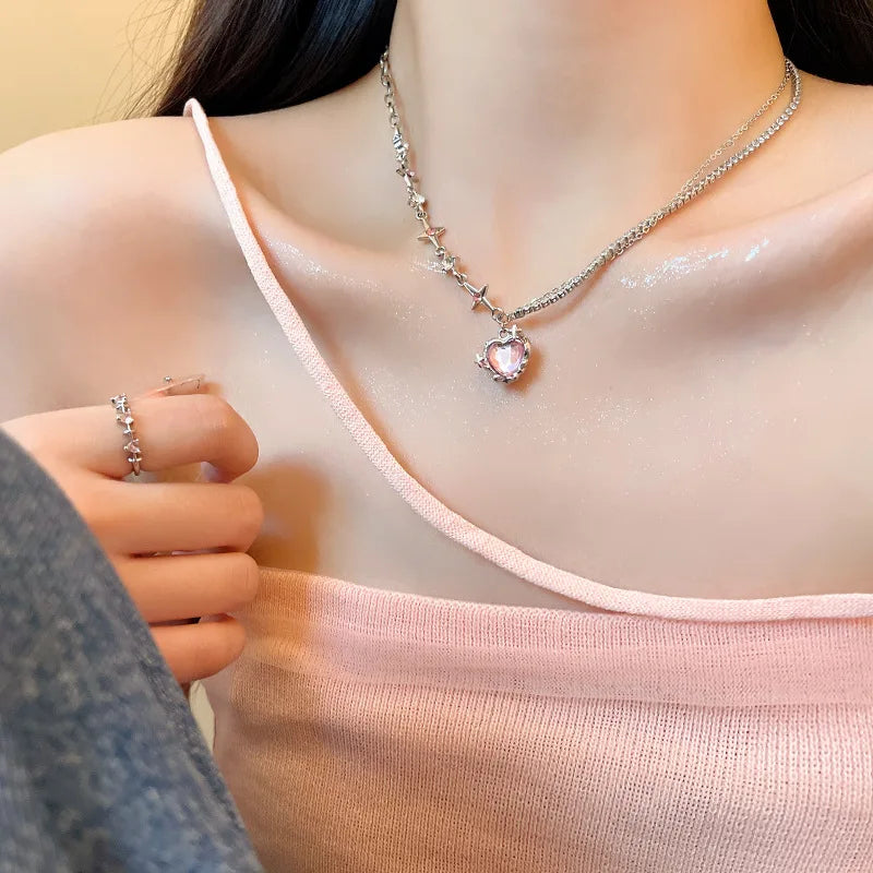 Y2k Heart Star Pendant Necklace Women's Fashion Cool Silver Color Chain Necklace Rhinestone Clavicle Chain Daily Jewlery Gifts