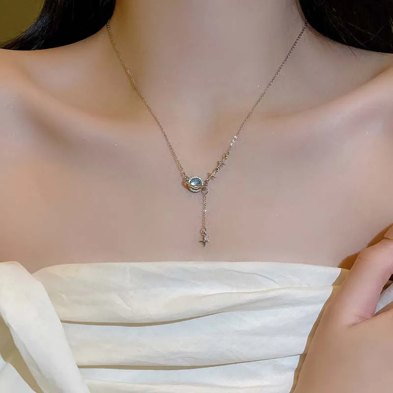 Y2K Shiny Star Necklace for Women Girls Silver Color Crystal Pendant Clavicle Chain Necklace Set Fashion New Trendy Party