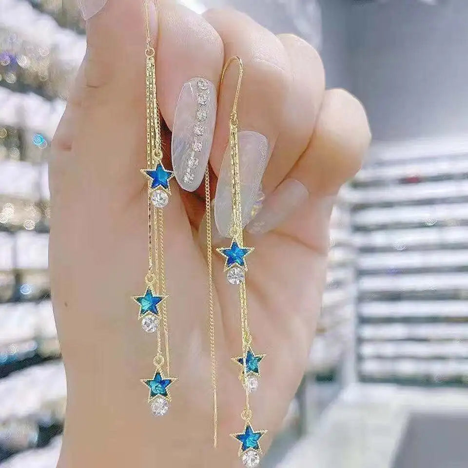 Temperament Crystal Star Tassel Drop Earrings For Women New Long Ear Line Bowknot Leaves Earrings Girls Wedding Party Jewelry
