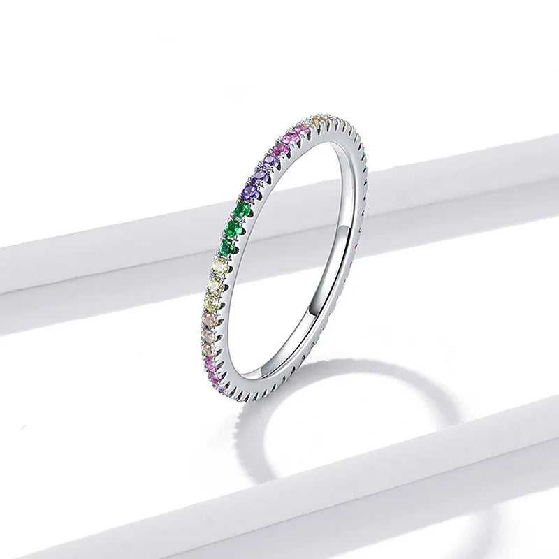 Simple Thin Dainty Rings for Women Colorful Round Zircon Silver Color Stacking Pinky Ring Female Jewelry Wholesale Gifts KCR039