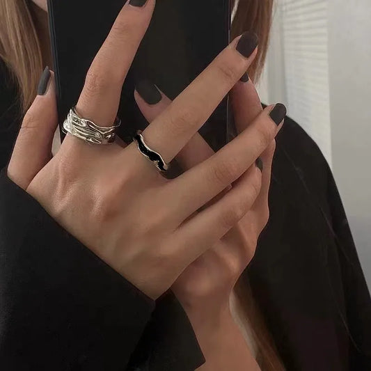 Y2K Black Drip Oil Adjustable Ring Men Irregular Geometry Punk Vintage Rings Set for Women Girls Fashion Jewelry Gifts