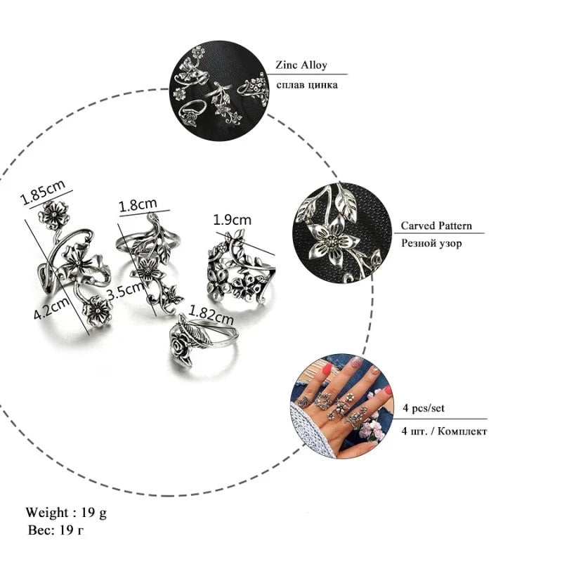 Europe and United States New Popular Women Ring Fashion Personality Ancient Silver Color Mori Vines Leaves Flower Ring 4 Pieces